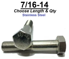 7/16"-14 Stainless Steel Hex Cap Screw Bolt (All Sizes & Qty's) 18-8 / 304 Grade