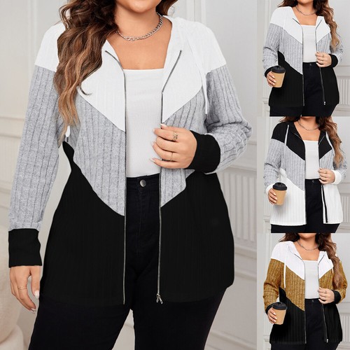Women Colorblock Hoodies Coat Sweatshirt Zip-up Long Sleeves Jacket Outwear Tops