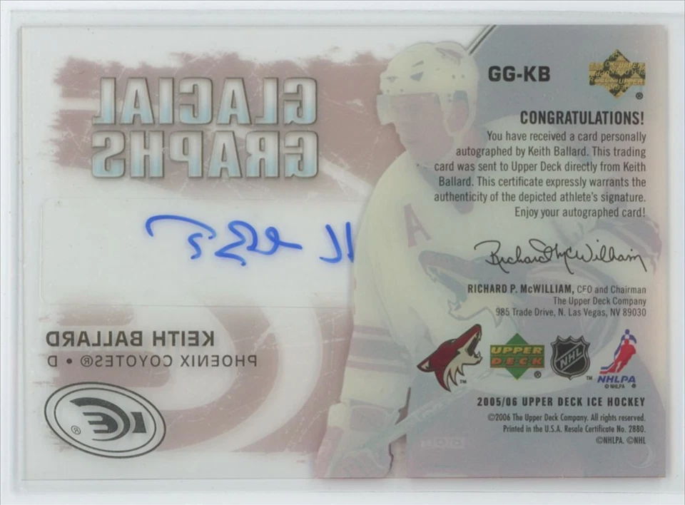 2005-06 Upper Deck Ice Glacial Graphs Keith Ballard Auto Phoenix Coyotes #GG-KB - Image 2 of 2