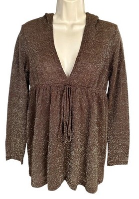 Koton Women's Hooded Metallic Top V-Neck Wool Blend Size M Brown Gold
