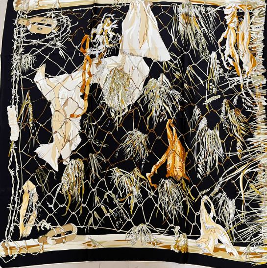 Pure 23 Momme Silk Shawl Bandanna Scarf 43'' grass Print 2 face Neckerchief wrap