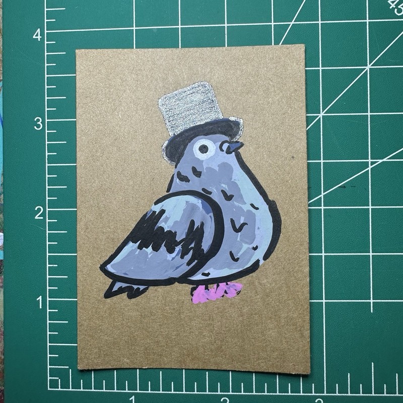 ACEO Original Art Card, Mini Painting of a Pigeon Wearing A Glittery Top Hat