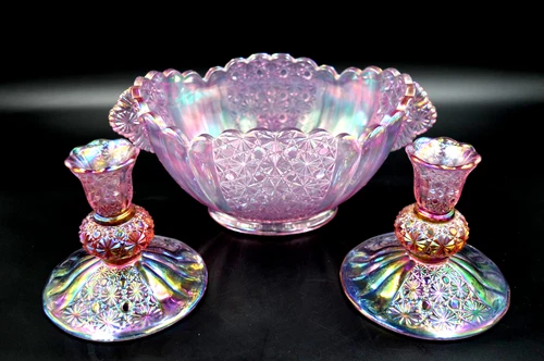 Vintage FENTON Pink Iridescent Carnival Glass Daisy Button Candle Holders & Bowl