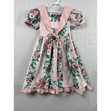 Vintage 80s Rare Editions Dress Girls 7/8 Pink Floral Sailor Collar Puff Sleeve