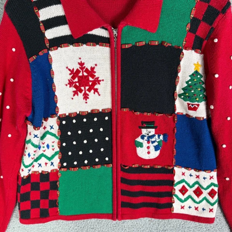 Suéter tejido navideño vintage años 90 para mujer cárdigan grande retazos pesados Foto 3 de 4