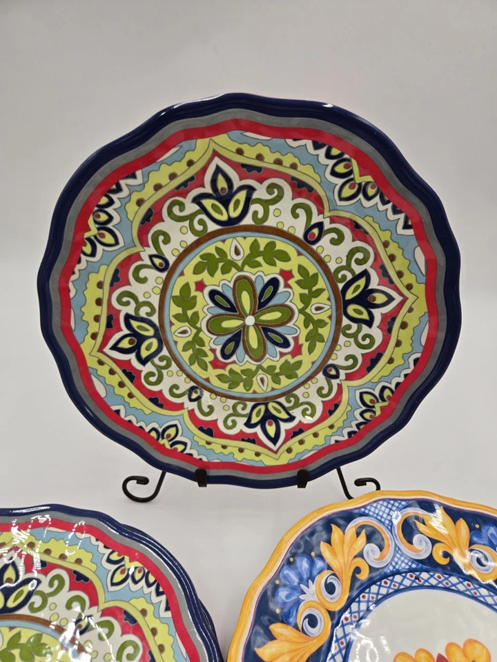 Cynthia Rowley Mutil Colored Floral Scalloped Edge Red & Yellow Set Of 8 - Image 2 of 4