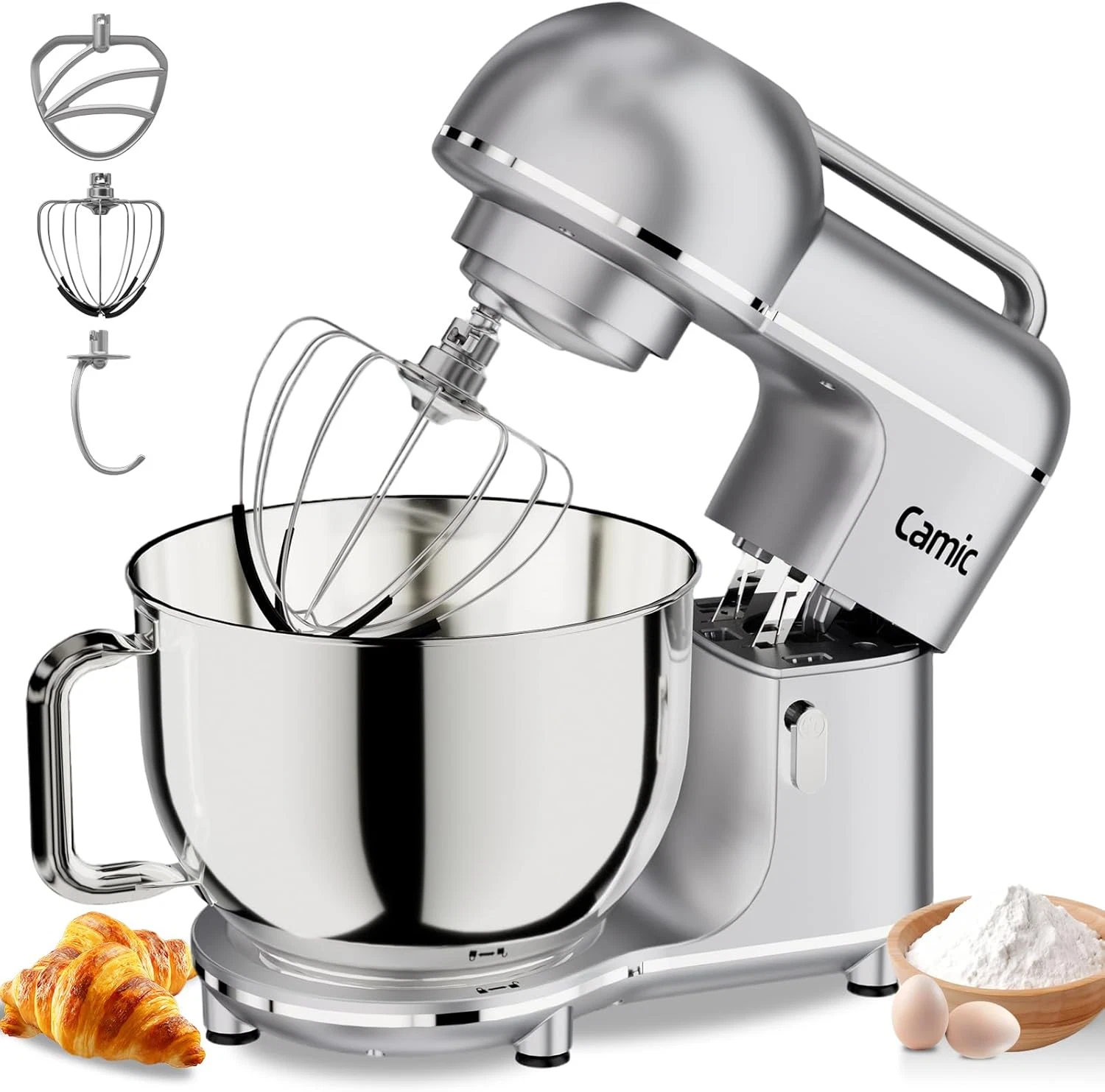 7.45QT Electric Stand Mixer, 10 Speeds, 3 Attachments, Easy-Carry Handle, Silver