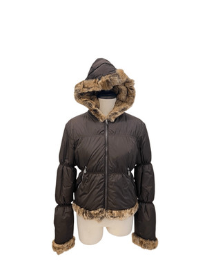 Authier Women's Full Zip Trim Hooded Quilted Puffer Jacket Brown Size 12
