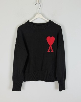 AMI Paris Men's Black Red Ami de Coeur Heart Logo Crew Neck Knit Sweater Size M