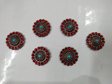 Set Of 6 Gorgeous Round Conchos With Red Stones For Western Horse Saddle .