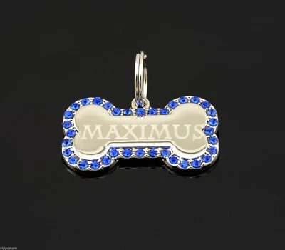 Custom Engraved Personalized Small Bone Shape Blue CZ Metal Dog Tag Pet ID Name