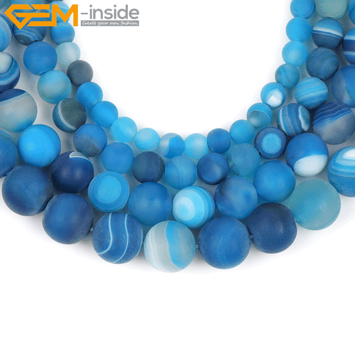 Natural Blue Banded Agate Stone Round Matte Spacer Beads For Making Jewelry 15" - Picture 2 of 29