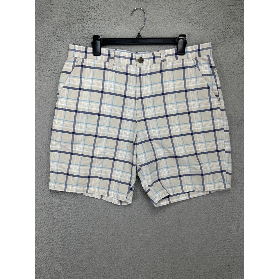 Croft Barrow 短裤男式 36 米色威尔士亲王格子 Khakis Chino 平前 — 第 2/4 张图片