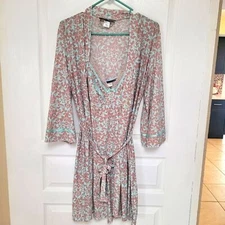 Studio Donatella  Women's Nightgown And Robe Sz M Floral Embellished Blue & Tan