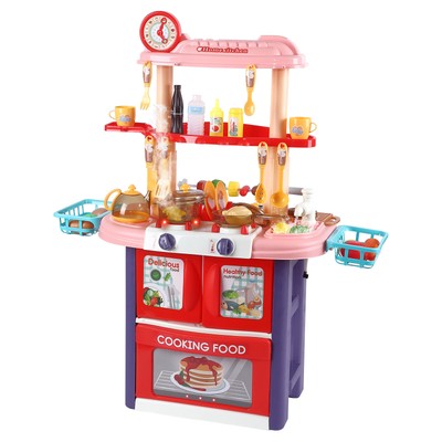  2 in1 Play Kitchen & BBQ Grill Playset,38Pcs Toy Accessories Set w/Real Sounds 