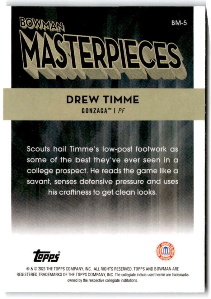 2022-23 Bowman University Best Masterpieces #BM-5 Drew Timme  Gonzaga   - Image 2 of 2