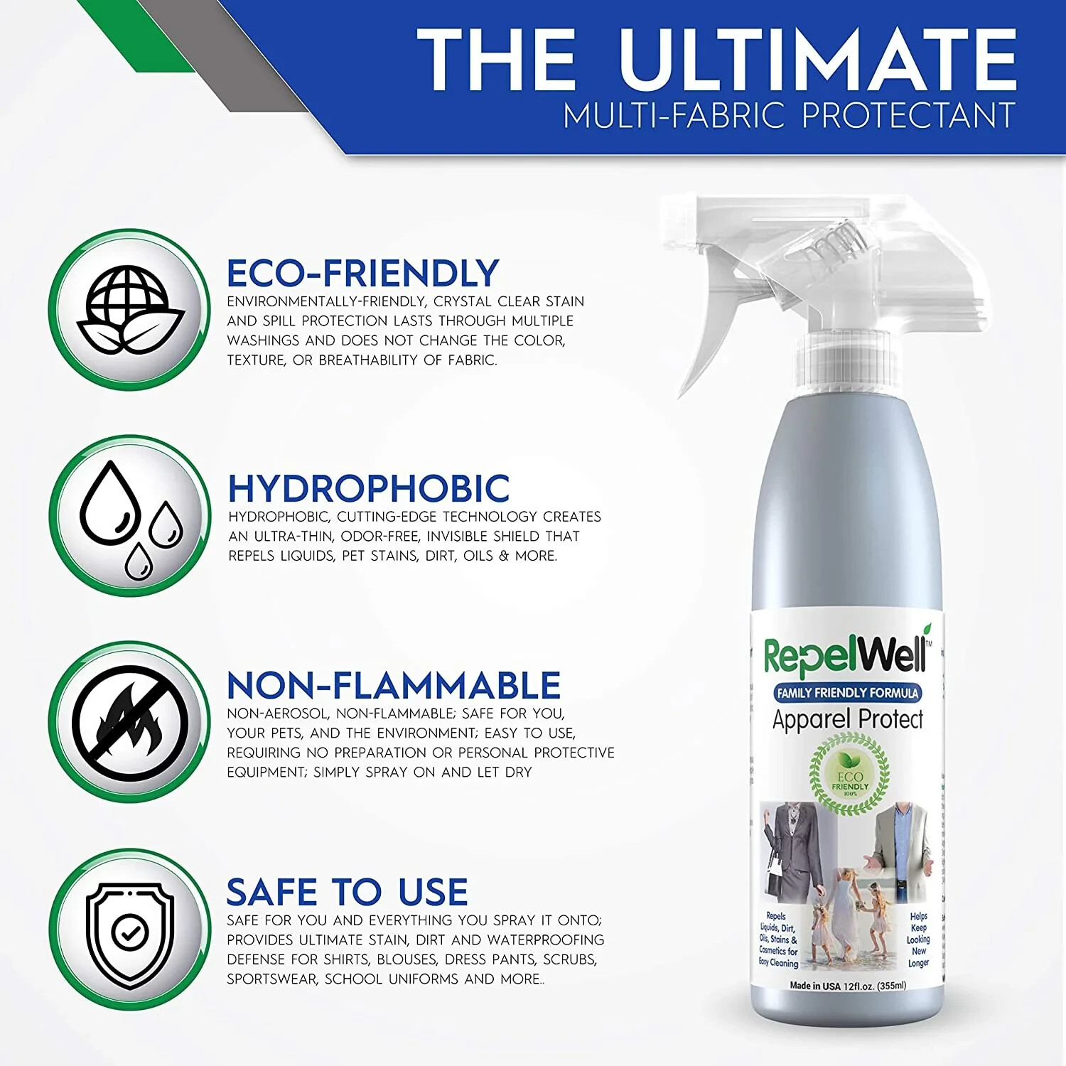 RepelWell Apparel Protect 12oz Stain & Water Repellent Spray – Non-Toxic Eco