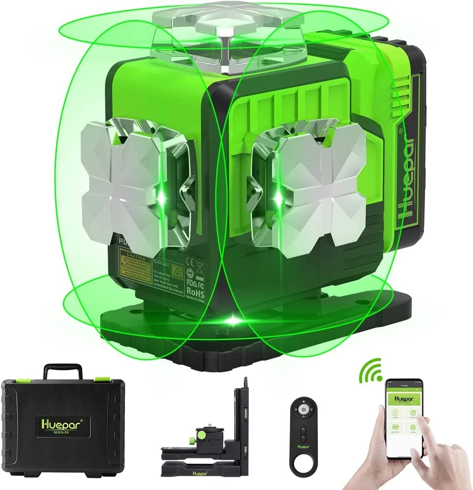 Huepar 4x360° Laser Level Self Leveling 4D Green Beam Bluetooth Connectivity