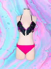 OP OCEAN PACIFIC Rosa Negro FRINGE 2 Piezas Bikini Traje de Baño COLORIDO Junior's Grande