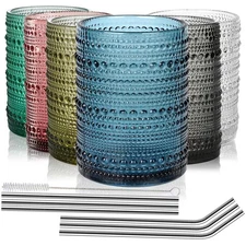 15 oz Hobnail Drinking Glasses Set of 6, Embossed Glass Tumblers Highball Gla...