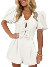 Cicy Bell Womens Cute Rompers Bow Front Puff Sleeve V Neck Short Jumpsuits Se...