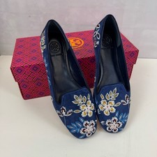 Tory Burch Embroidered Floral Smoking Slippers Navy Sea 6 Leather Sole NEW