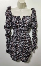PLT black ditsy floral satin long sleeve ruched bodycon mini dress 4 8 new 