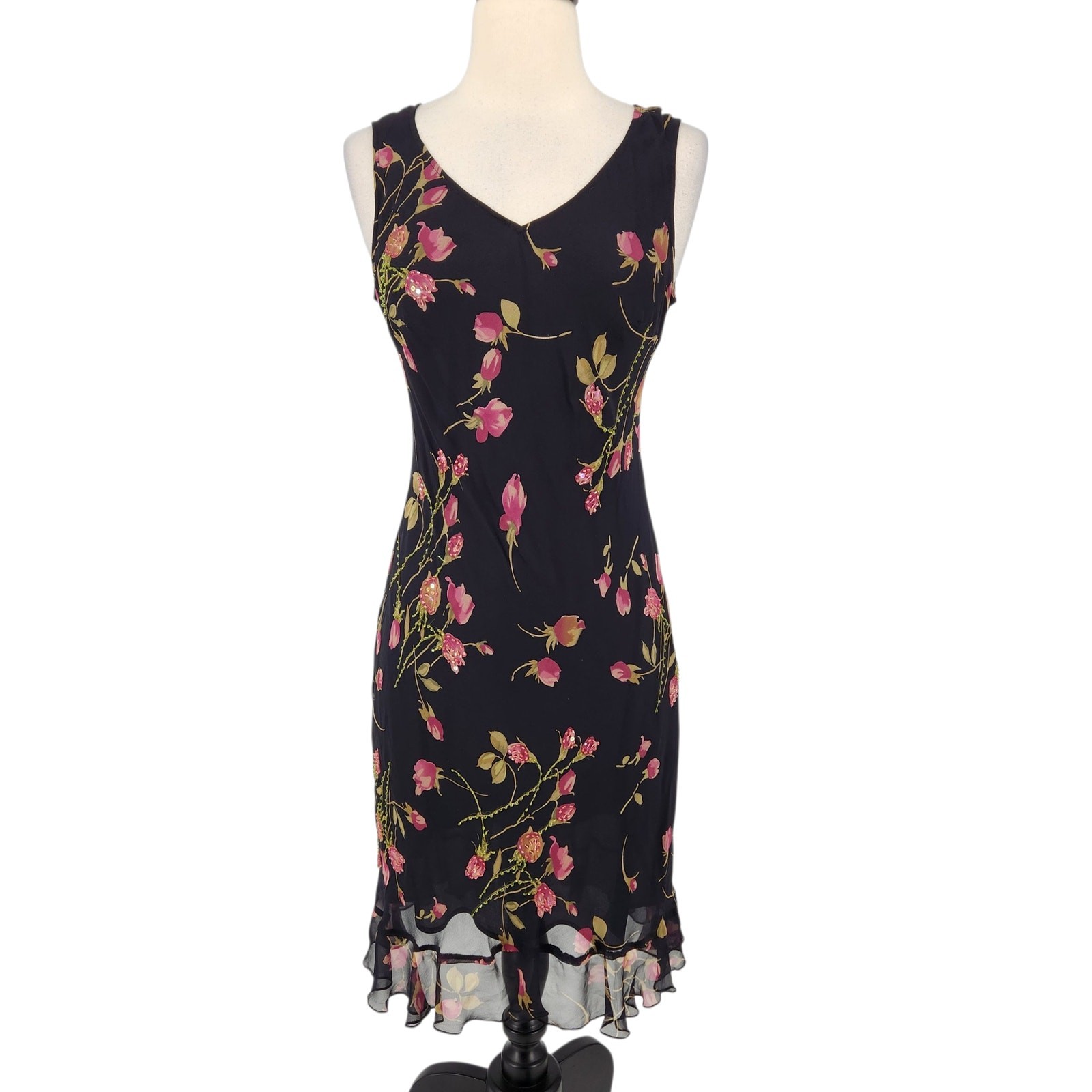 Robbie Bee 90s Silk Dress Set – Black Floral Sheath Dress Matching Sheer Jacket