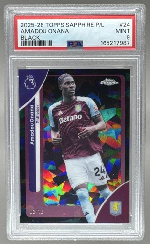 7987 Amadou Onana 2026 Topps Chrome Sapphire Premier League #24 Black /10 PSA 9