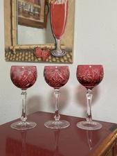 3 Elegant Beautiful cut to clear cranberry wine glasses. Possibly Bohemian? MINT