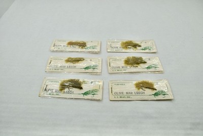 Vintage L.L. Bean Fly Fishing Flys 80s Olive Mar Leech Streamer Green Set x6