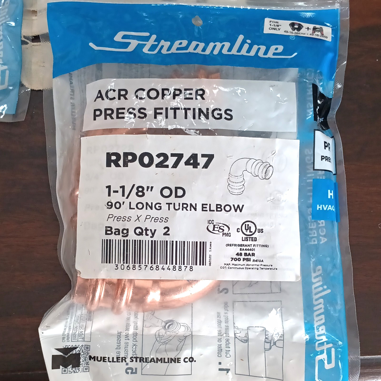 Streamline RP02747 ACR Copper Press 1-1/8" OD 90° Long Turn Elbow