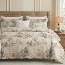Vintage Pastoral Queen Duvet Cover Set, 100 Cotton, Soft Neutral Beige