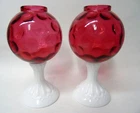 2 Vintage Fenton Cranberry Coin Dot & Milk Glass Ivy Ball Vases u372