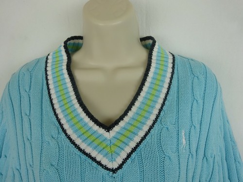 Vtg Izod Lacoste Cable Knit V Neck Ladies Tennis Sweater Cotton ~ Turquoise ~ L - Picture 5 of 10
