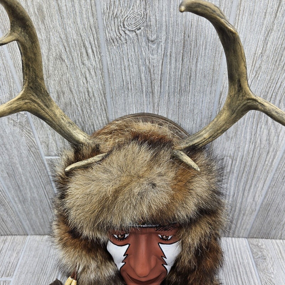 Native American Indian Spirit Mask Face Wall Hanging Real Fur Feathers