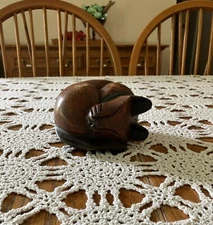 Vintage Un-branded Hand Carved Wooden Curled Up Sleeping Siamese Cat Figurine