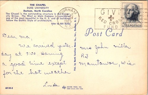 Postal THE CHAPEL Duke University DURHAM, Carolina del Norte NC c1965 - Imagen 2 de 2