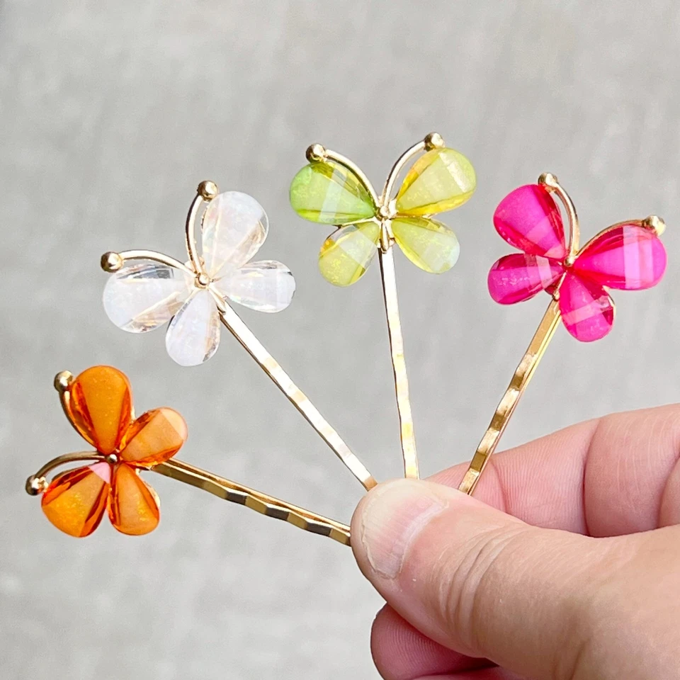 Rhinestone Butterfly Hair Pins Womens Decorative Bobby Pin Pink Orange Aesthetic - Image 2 of 4