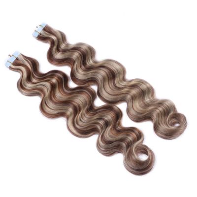 Tape In Remy Human Hair Extensions Highlight medium brown mix blonde 18Inch wavy