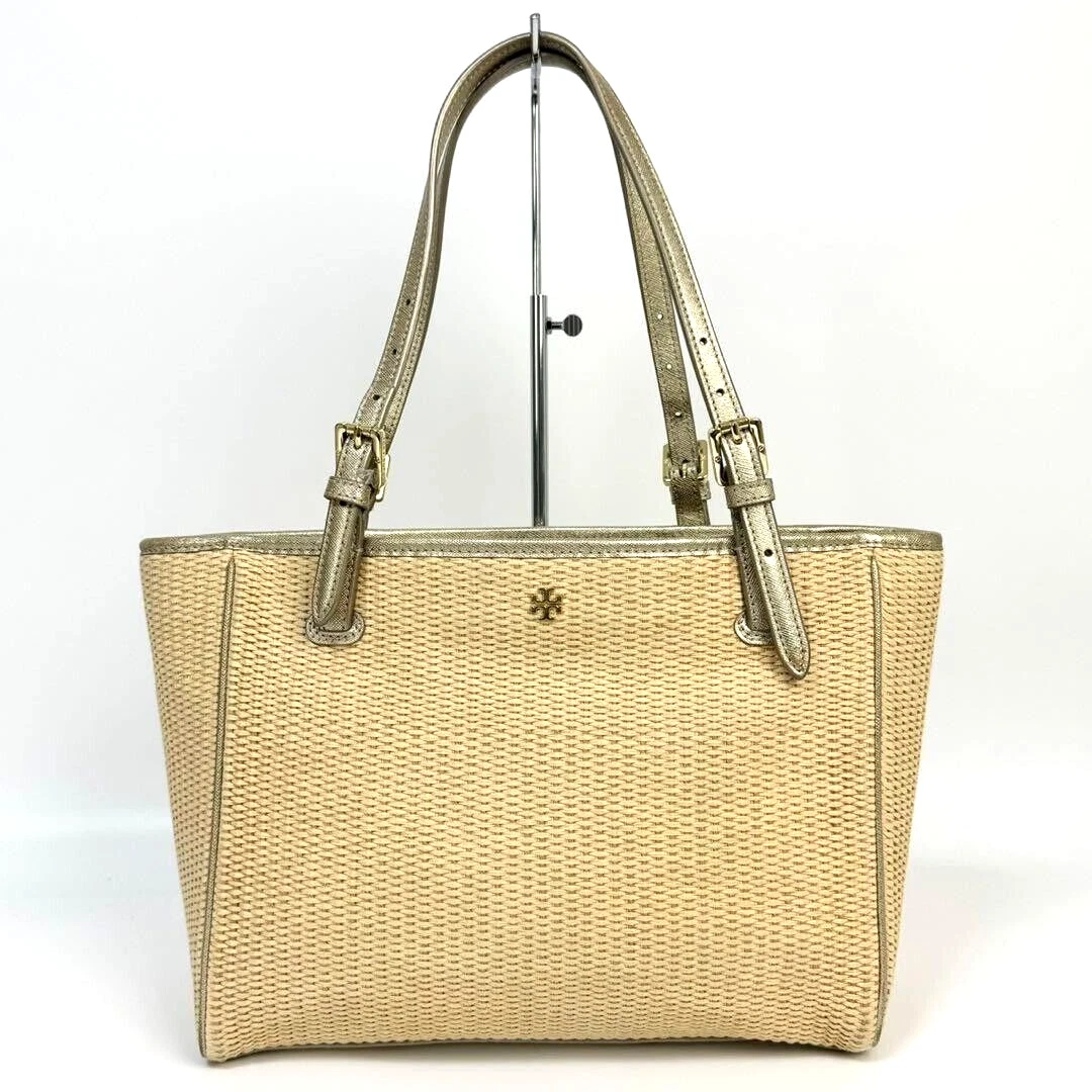 Borsa Tory Burch Basket borsa tote bag pelle paglia oro beige autenticata originale