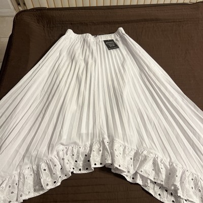 Boston Proper Pleated Eyelet Hem Midi Skirt White Size Medium NEW