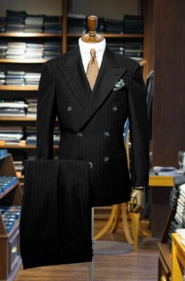 Striped Men Suit Peak Lapel Double Breasted Formal Business Wedding Groom 2 Pcs
