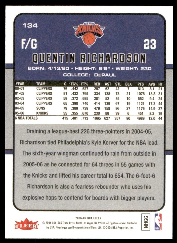 2006-07 Fleer Quentin Richardson . New York Knicks #134 - Image 2 of 2