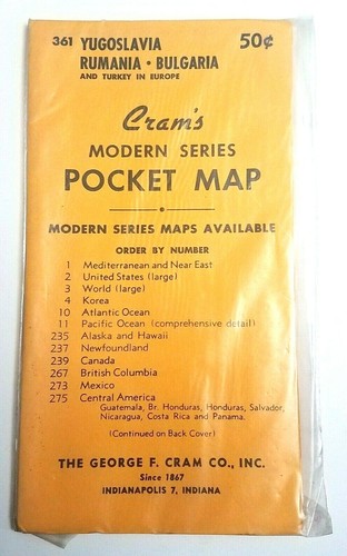 NOS Sealed 1950s Cram's Modern Series Pocket Map Yugoslavia Rumania Bulgaria 361