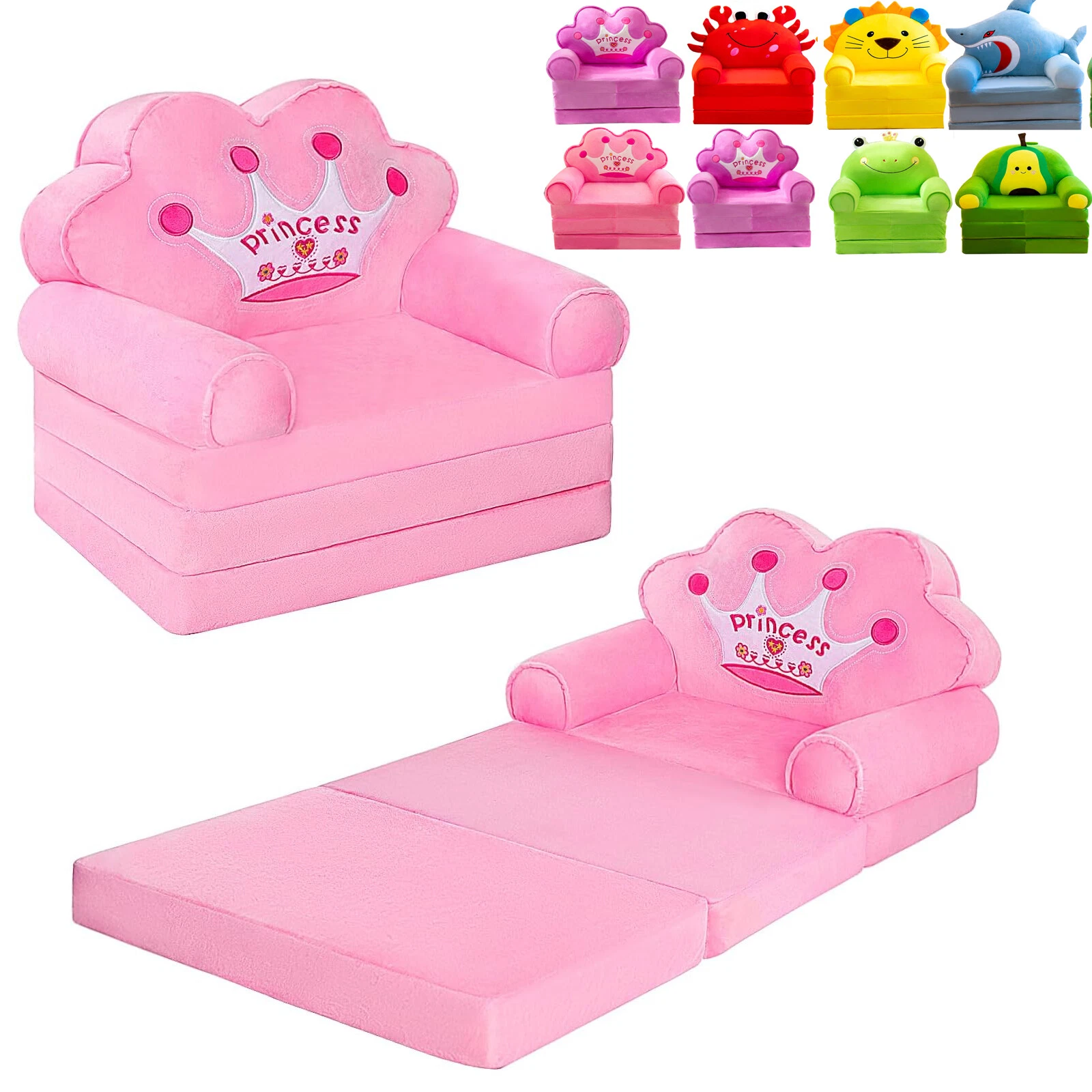 3-in-1 Foldable Kids Couch Fold Out Lounger Comfy Toddler Princess Sofa Chair Be