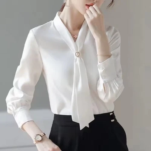 Women Spring Style Blouses Shirts Casual Autumn Long Sleeve Bow Tie Collar Tops - Bild 4 von 10
