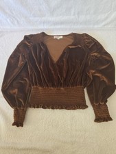 Guitii Brown Velvet Smocked Ruffle Balloon Sl...