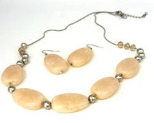 Charming Charlie 23" Salmon Pink Glass Beaded Silver Tone Necklace & Earrings