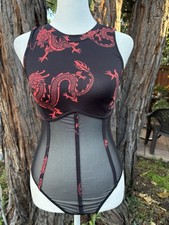 Womens Black Red Dragon Mesh Bodysuit Sleeveless Stretch Goth Y2K Size Small